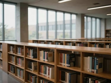 A modern library interior with architectural concrete and warm wood, quiet atmosphere, soft daylight filtering through high windows