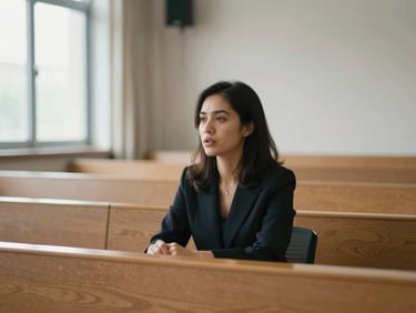 A professional woman speaking in a wood-paneled seminar room, soft natural light, focused expression, shallow depth of field