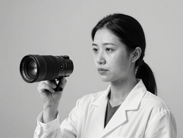 Stark black and white studio portrait of a female researcher, high-contrast clinical lighting, minimalist composition, 35mm lens.