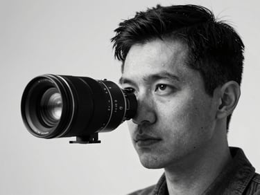 Stark black and white studio portrait of a male engineer, high-contrast clinical lighting, minimalist composition, 35mm lens.