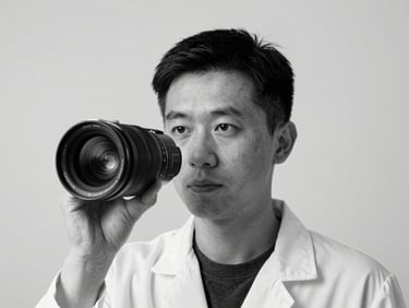 Stark black and white studio portrait of a male scientist, high-contrast clinical lighting, minimalist composition, 35mm lens.