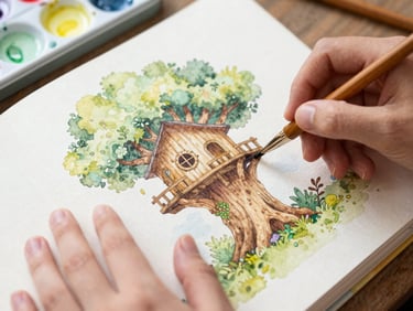 Close-up of hands painting a watercolor illustration of a magical treehouse on textured paper, soft natural daylight, 35mm