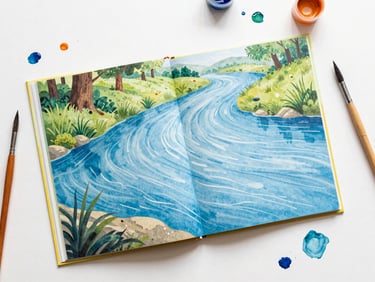 An overhead shot of a children's book opened to a vibrant blue river illustration, surrounded by watercolor brushes and paint splatters on paper