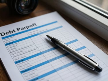 Overhead view of a printed debt payoff schedule with several rows highlighted in blue, a single pen resting across the page, cool window light