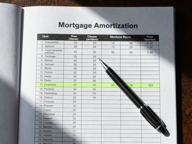 Overhead flat-lay of a mortgage amortization table on white paper, a mechanical pencil resting on a highlighted row, cool window light from the left, crisp shadows