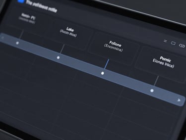 Macro close-up of a dark-mode software interface, showing a highly organized project timeline, clean typography, subtle blue accent highlights, minimalist layout.