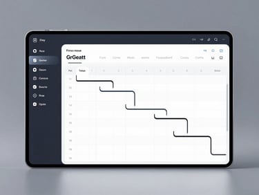High-fidelity software mockup of a dark-mode Gantt chart and structured task list, clean typography, precise gridlines, and subtle metallic accents under soft studio lighting