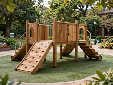 Shaded outdoor play area with premium wooden climbing frames, soft impact-absorbing turf, and lush green landscaping.