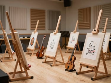 An airy art and music studio with child-sized easels, acoustic wall panels, and miniature musical instruments arranged neatly.