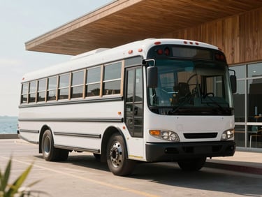 A modern, clean school bus parked in a bright, sunlit bay, shot from a low angle, soft natural light, warm wood tones in the background.