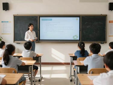 Pristine, brightly lit classroom with interactive smart screens at child height, ergonomic wooden tables, and abundant natural sunlight.