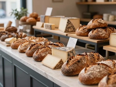Modern artisanal food market counter, fresh bread and cheese displayed beautifully, soft daylight, 35mm