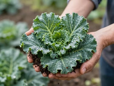 Close-up of freshly harvested kale with morning dew, hands of a farmer holding soil, soft natural light, 35mm
