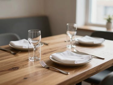 Cozy scandinavian style restaurant table setup, soft morning light, shallow depth of field, warm wooden textures, 35mm