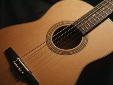 Close-up of guitar strings vibrating, warm moody photography, deep shadows, rich organic tones.