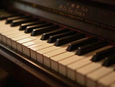 Macro shot of vintage piano keys under warm, low-key studio lighting, 35mm film style