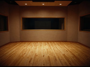 Atmospheric, wide empty recording studio space with warm ambient lighting and soft shadows, 35mm
