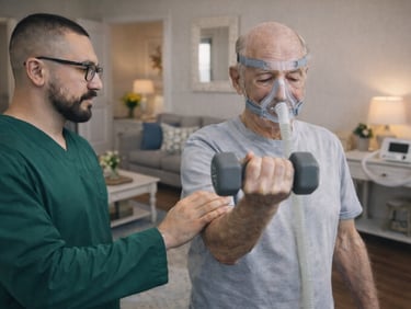 fisioterapeuta auxiliando paciente idoso durante um atendimento de fisioterapia cardiorrespiratória