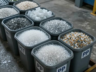 Close-up overhead shot of plastic waste sorted into labeled bins by resin type — PET, HDPE, PP — on a concrete sorting floor, industrial overhead lighting, cool-neutral color grading