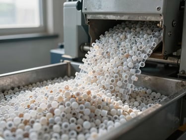 Close-up of plastic pellet output spilling from processing machinery onto a collection tray, natural daylight from facility window catching material surface, industrial machinery partially visible in background, cool neutral colour grading