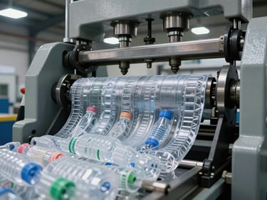 Machinery detail shot of baling press compressing sorted plastic, hydraulic ram visible, facility interior with structured overhead lighting