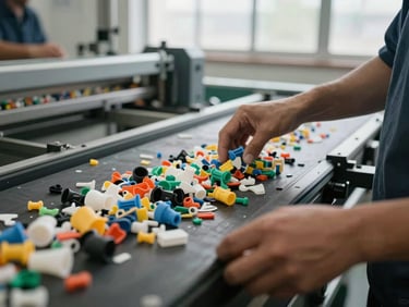 Close-up of industrial sorting line conveyor belt carrying mixed plastic fragments, workers' hands guiding material, natural daylight from high windows