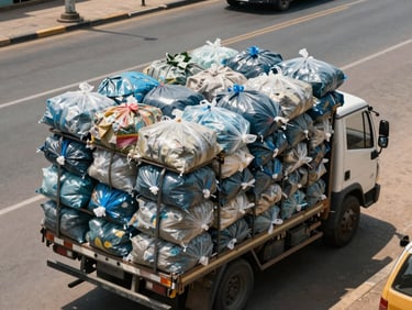 Collection vehicle loaded with compressed plastic bags parked at a municipal transfer point, daylight, Zimbabwe urban context, overhead angle