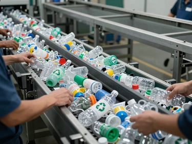 Overhead wide-angle view of a recycling facility sorting line, workers' hands visible handling sorted plastic material on a conveyor under industrial overhead lighting, cool neutral tones, structured geometric framing