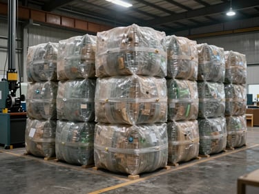 Compressed plastic bales stacked in organized rows on a facility floor, hydraulic baling machine visible at left edge, industrial overhead lighting, wide environmental framing showing scale