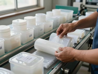 Worker hands sorting plastic film and rigid containers on a conveyor sorting line, resin-type labels visible on collection bins, facility floor in background, natural daylight through high windows