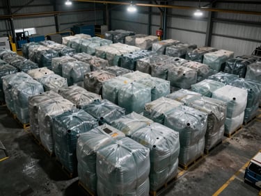 Wide facility floor view from above, sorted plastic bales stacked in geometric rows under overhead industrial lighting, Harare recycling plant