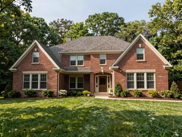 Low-angle wide shot of a beautiful brick home in Northville, Michigan, with immaculate garden beds and a perfectly cleared lawn in soft morning light, 35mm