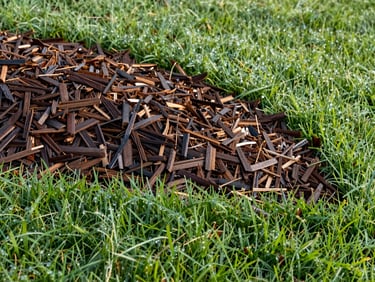 Close-up shot of rich, dark brown double-shredded hardwood mulch neatly installed with a crisp spade edge against vibrant green Michigan grass, morning dew, 35mm