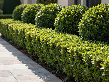 Crisp editorial shot of perfectly manicured boxwood shrubs lining a stone walkway of a luxury home, sharp focus, bright morning sunlight, 35mm
