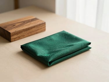Elegant flat-lay of a folded emerald topi alongside a polished wooden block, diffused side-lighting