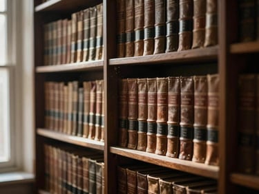 An ancient library bookshelf filled with leather-bound volumes, warm dim lighting, dust motes in light beams