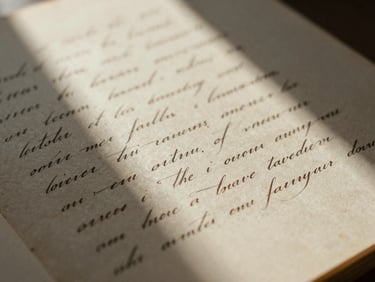 Close-up of old textured paper manuscript with elegant calligraphy, warm low-contrast shadows