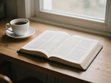 Quiet study desk with an open Bible, a cup of black coffee, soft morning light through a window, warm tones