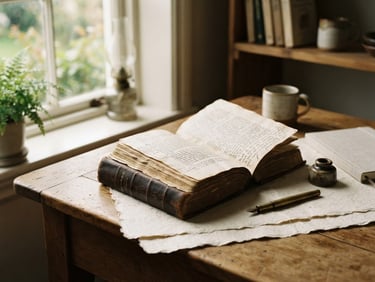 A quiet study desk with an open classic book, textured paper, warm shadows, and soft natural window light, 35mm film texture