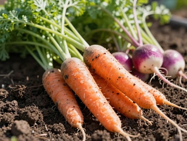 Macro shot of vibrant soil-flecked carrots and crisp radishes with fresh green tops, morning sun, organic farm.