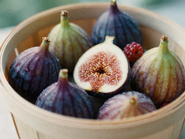 Close-up of ripe organic figs and wild berries in a rustic wooden basket, soft morning light, 35mm film.