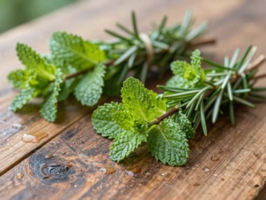 Bundles of freshly tied organic mint and rosemary on a rustic wooden surface, water droplets, macro depth of field.