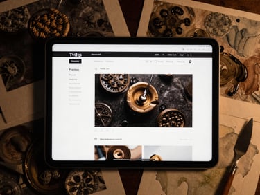 Premium tablet device mockup displaying a dark editorial web UI, framed by macro scans of thick oil paint knife strokes and watercolor washes used as background systems. Low-key warm amber lighting.