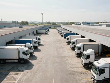 Wide-angle shot of a clean, high-visibility warehouse dock with transport trucks parked at the bays, bright morning light.