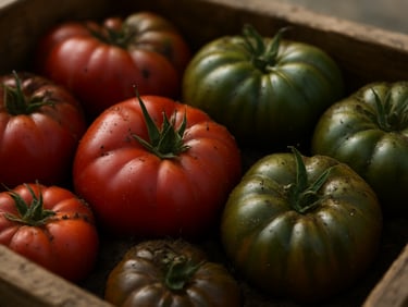 Tactile macro shot of freshly harvested heirloom tomatoes in a wooden crate, soil still visible, soft morning light, shallow depth of field