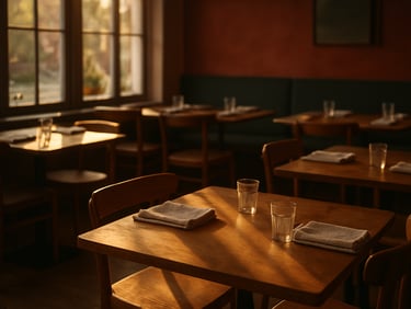 Cozy Scandinavian restaurant dining room at golden hour, empty wooden tables, natural linen napkins, warm sunlight streaming through large windows casting long shadows.