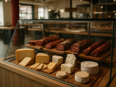 Bespoke cheese and charcuterie counter in a modern food hall, clean Scandinavian design, natural light flooding the display