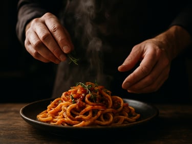 Close-up of steam rising from a freshly plated handmade pasta dish, chef hands garnishing with herbs, dark rustic restaurant background, moody natural light