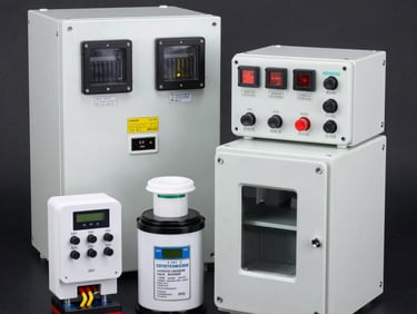 High-contrast industrial lighting, a clean professionally wired electrical distribution panel with blue and gray cables, sharp focus.