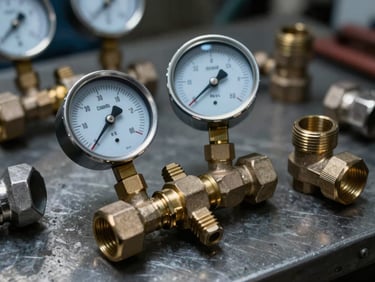 Macro close-up of brass industrial pressure gauges and steel pipe fittings arranged on a dark metal table, dramatic workshop lighting.